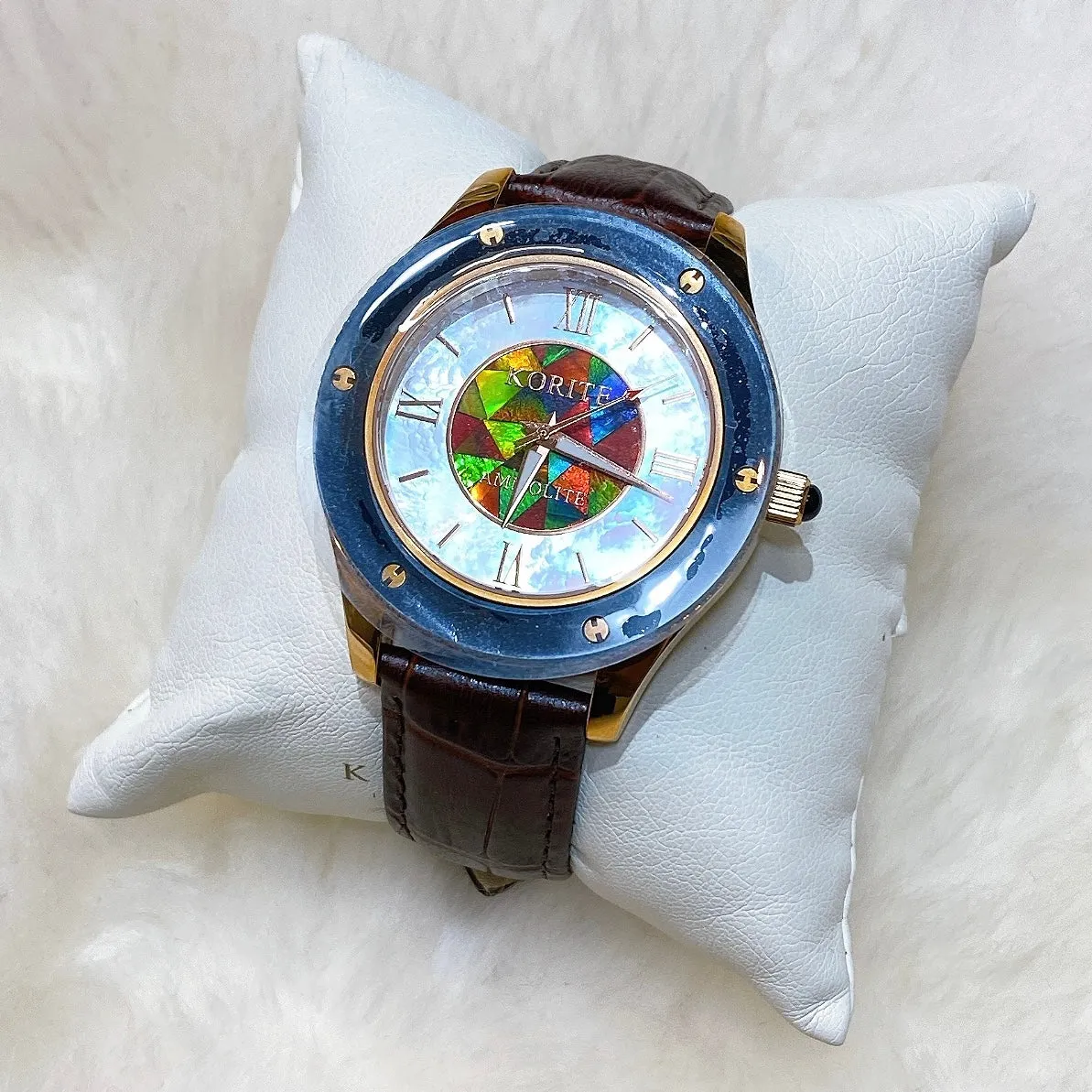 Ammolite Watch- Large-Mosaic Ammolite white Mother of Pearl 43mm Round Watch-Brown Leather Strap (Korite)