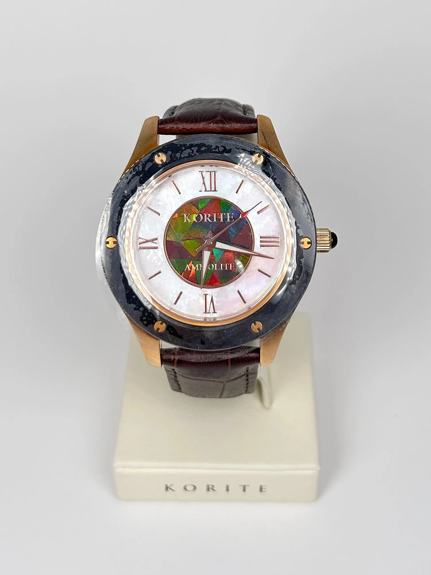 Ammolite Watch- Large-Mosaic Ammolite white Mother of Pearl 43mm Round Watch-Brown Leather Strap (Korite)