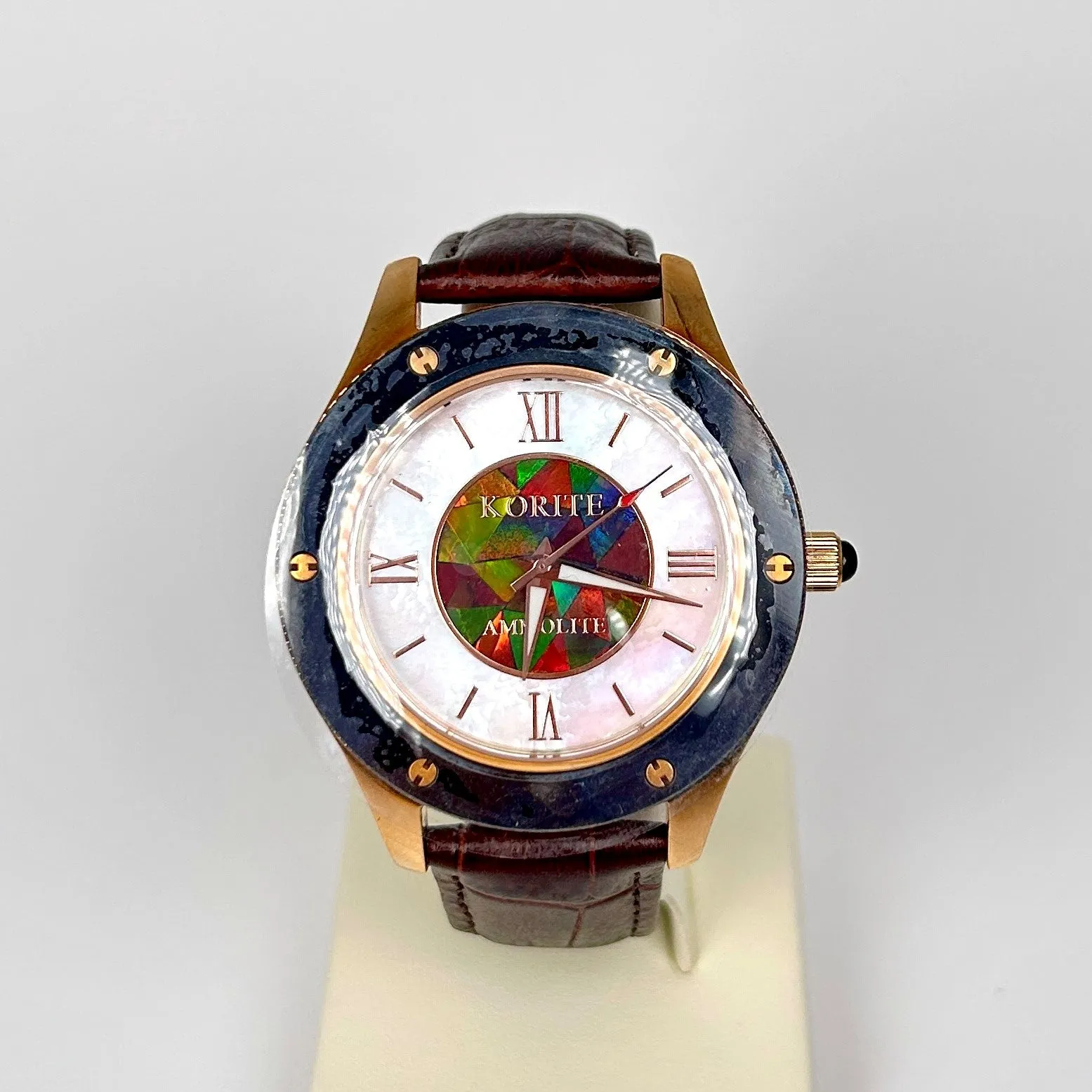 Ammolite Watch- Large-Mosaic Ammolite white Mother of Pearl 43mm Round Watch-Brown Leather Strap (Korite)