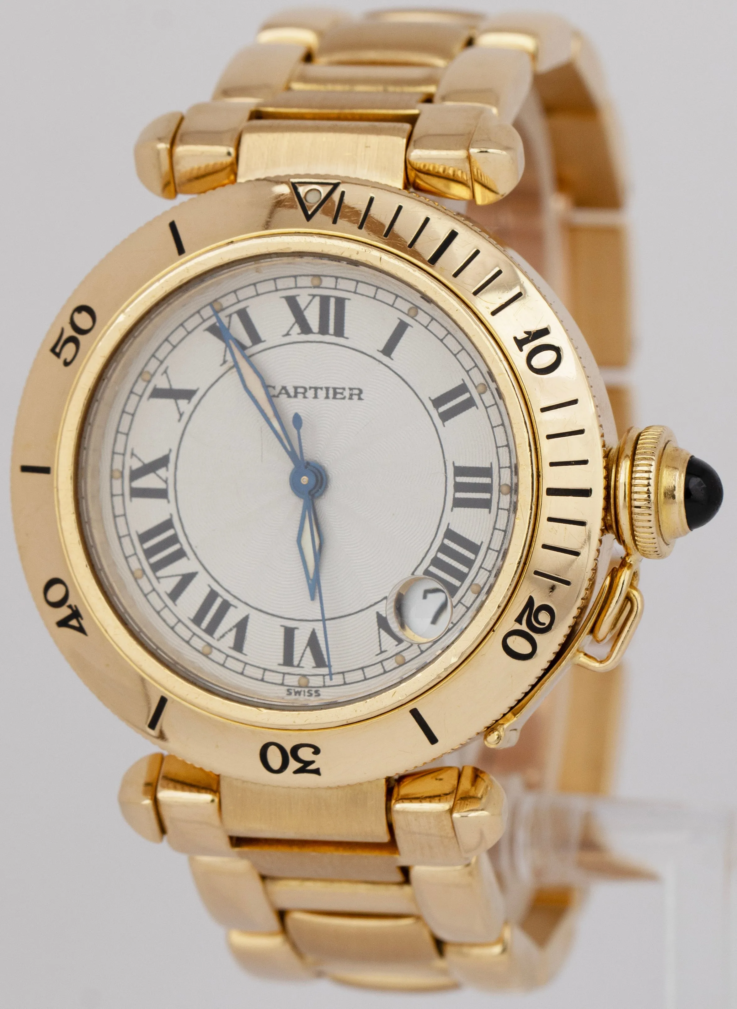 Cartier Pasha Silver Guilloche Dial Yellow Gold Automatic Swiss 35mm Watch 1035