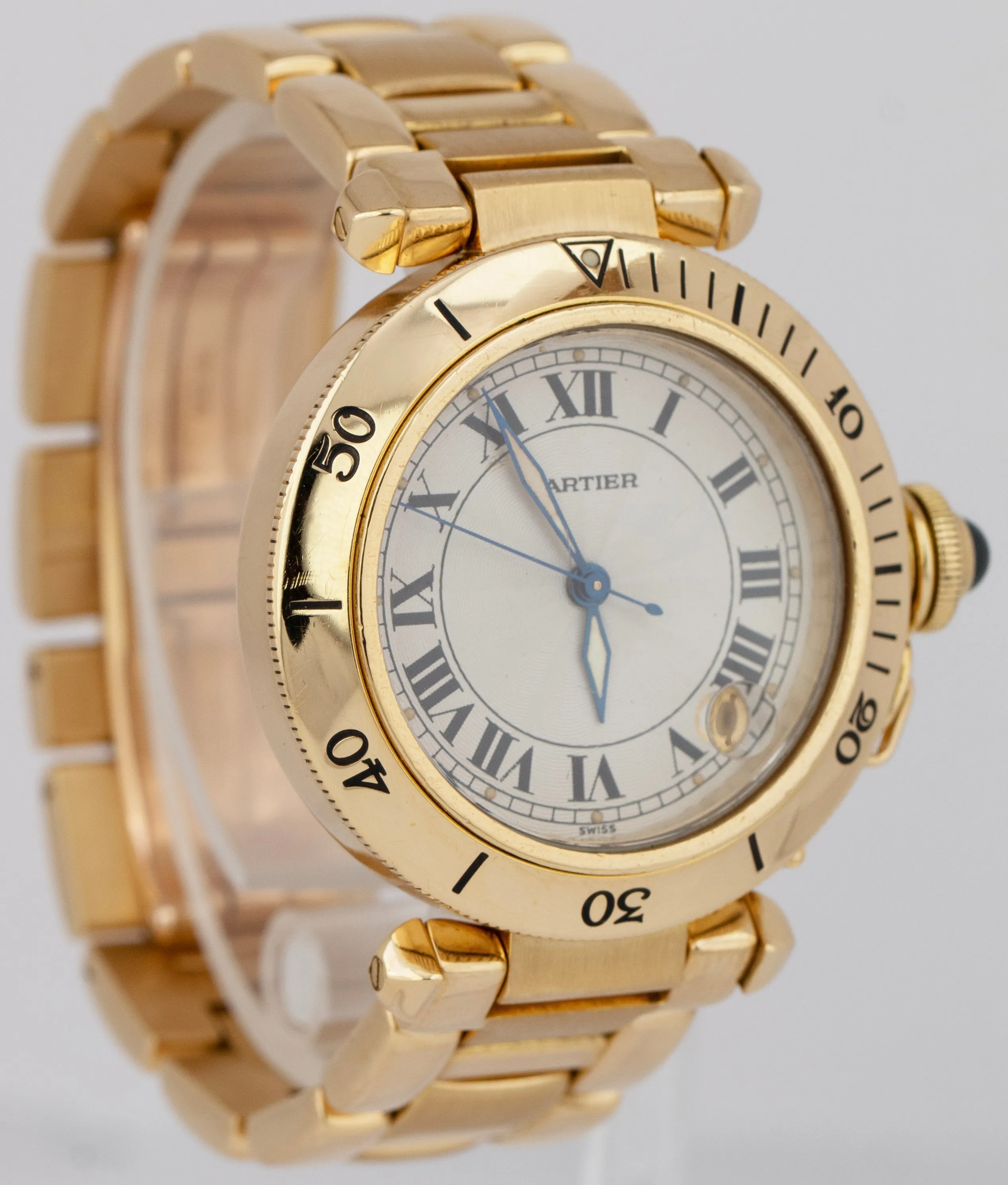 Cartier Pasha Silver Guilloche Dial Yellow Gold Automatic Swiss 35mm Watch 1035