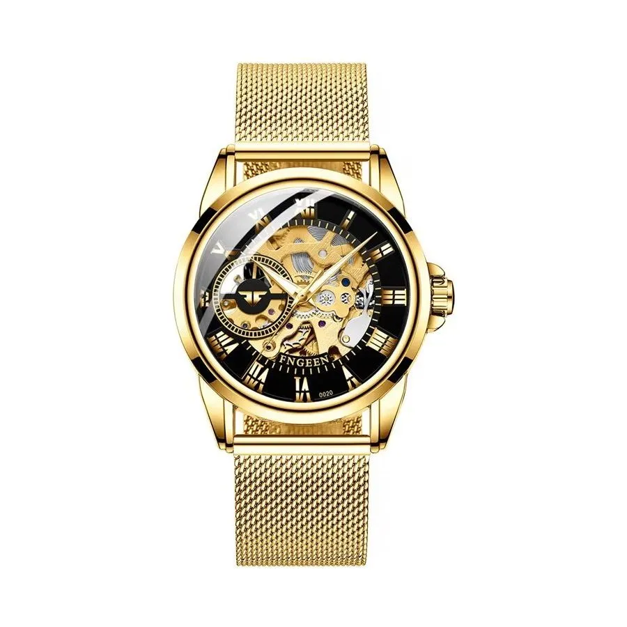 Elegant Crystal Glass Automatic Skeleton Mechanical Watch