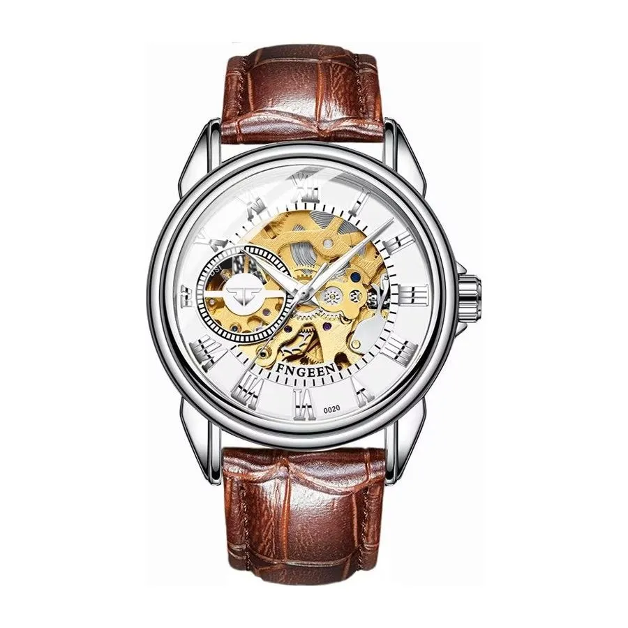 Elegant Crystal Glass Automatic Skeleton Mechanical Watch