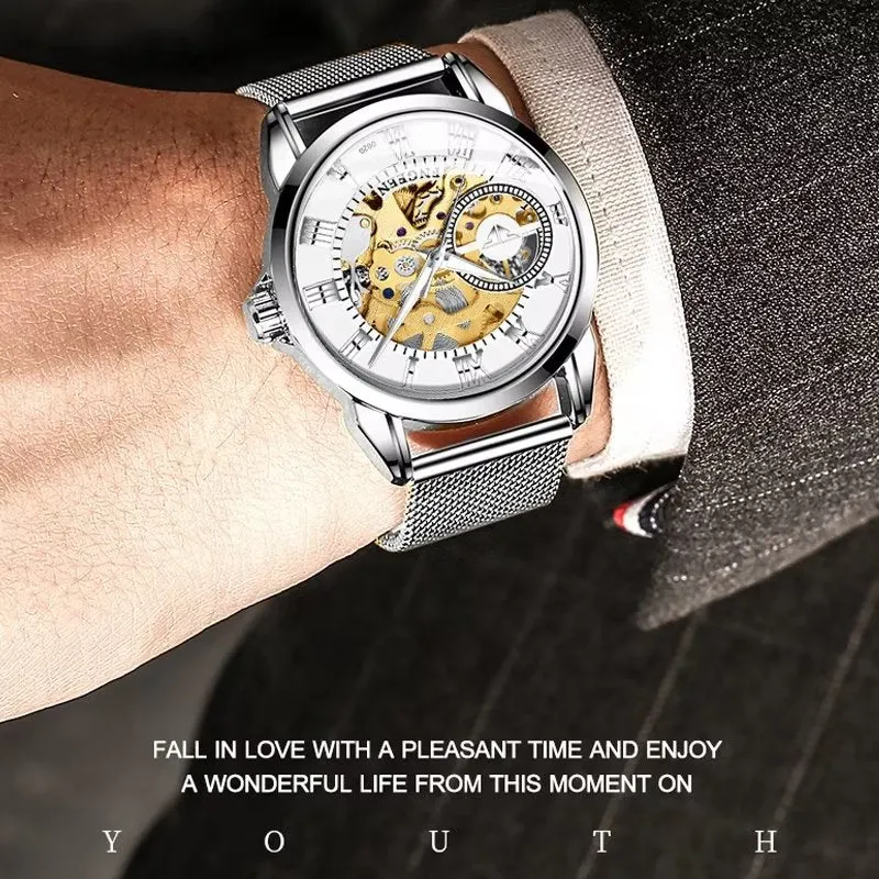 Elegant Crystal Glass Automatic Skeleton Mechanical Watch