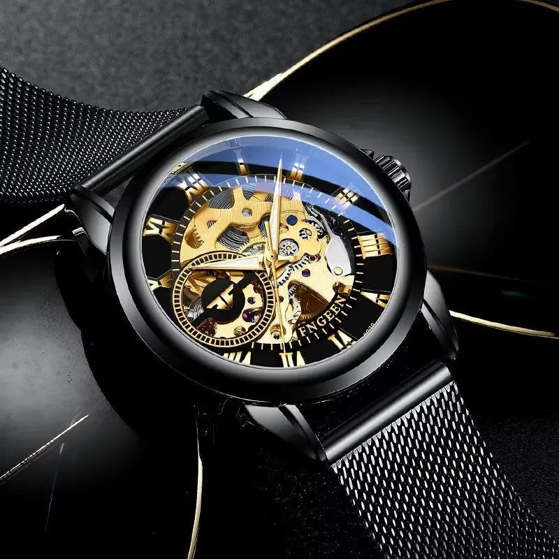 Elegant Crystal Glass Automatic Skeleton Mechanical Watch