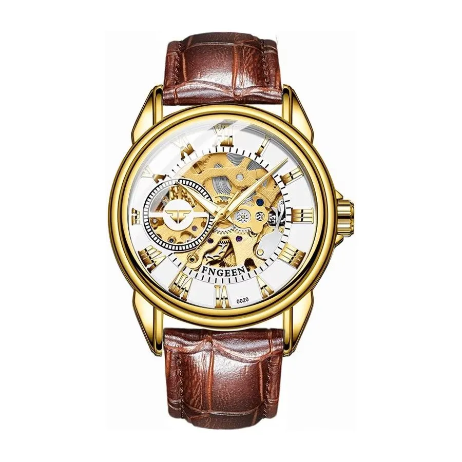 Elegant Crystal Glass Automatic Skeleton Mechanical Watch