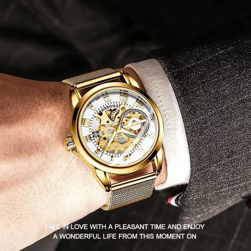 Elegant Crystal Glass Automatic Skeleton Mechanical Watch