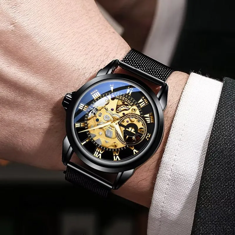 Elegant Crystal Glass Automatic Skeleton Mechanical Watch