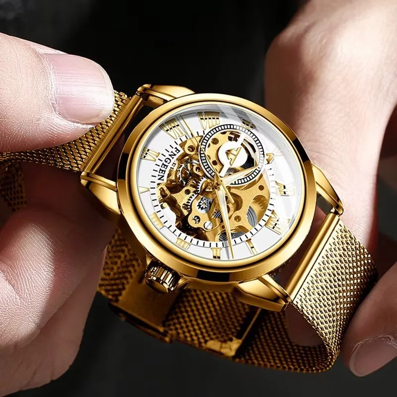 Elegant Crystal Glass Automatic Skeleton Mechanical Watch