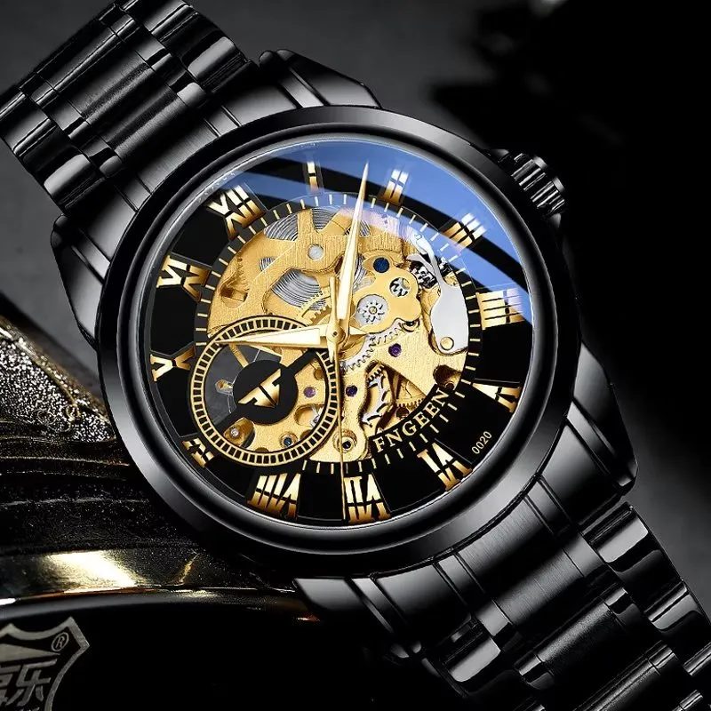 Elegant Crystal Glass Automatic Skeleton Mechanical Watch