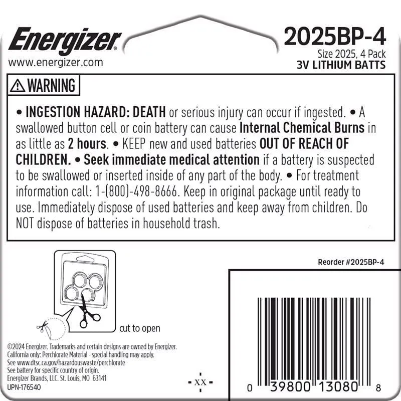 Energizer Lithium CR2025 3 V 0.2 mAh Button Cell Battery 2025BP-4 4 pk