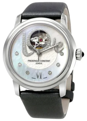 Frederique Constant Love Heart Beat Automatic Stainless Steel Mother-Of-Pearl Dial Grey Satin Strap Diamonds Womens Watch FC-310LHB2P6