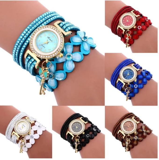 Free   Shipping Women Quartz Floral Multi-layer Bracelet Wrist Watches