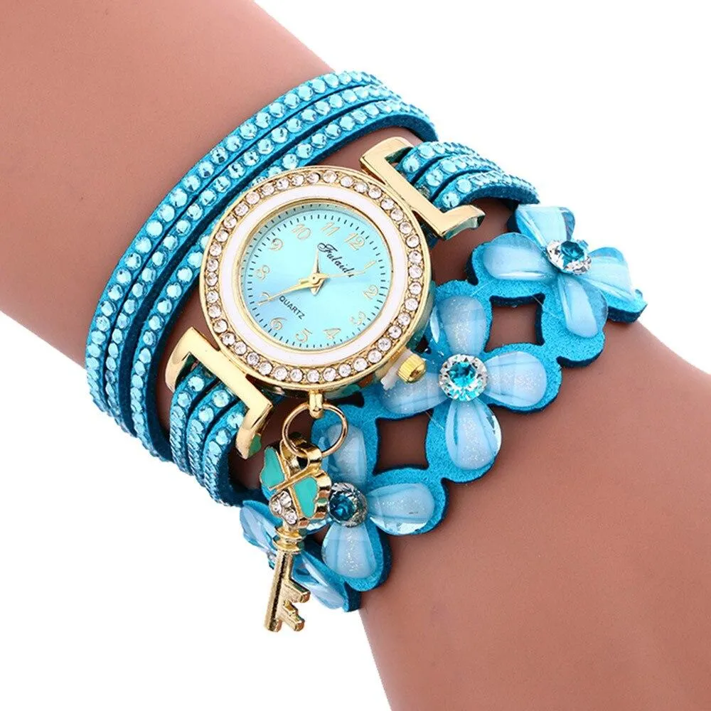 Free   Shipping Women Quartz Floral Multi-layer Bracelet Wrist Watches