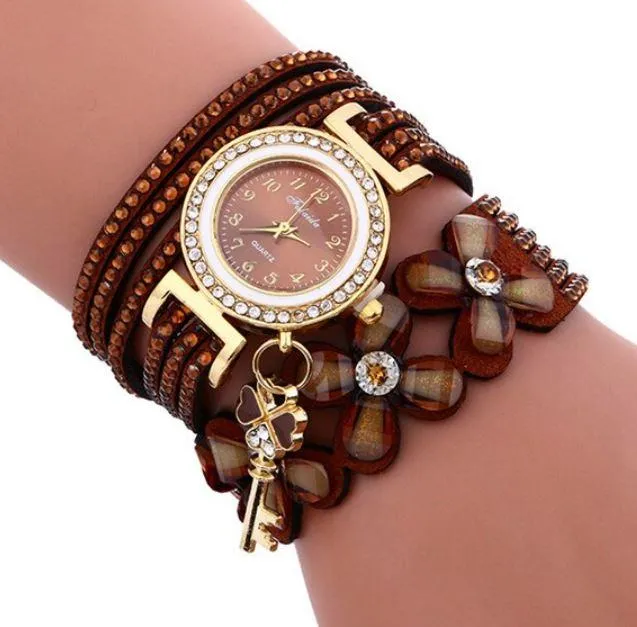 Free   Shipping Women Quartz Floral Multi-layer Bracelet Wrist Watches