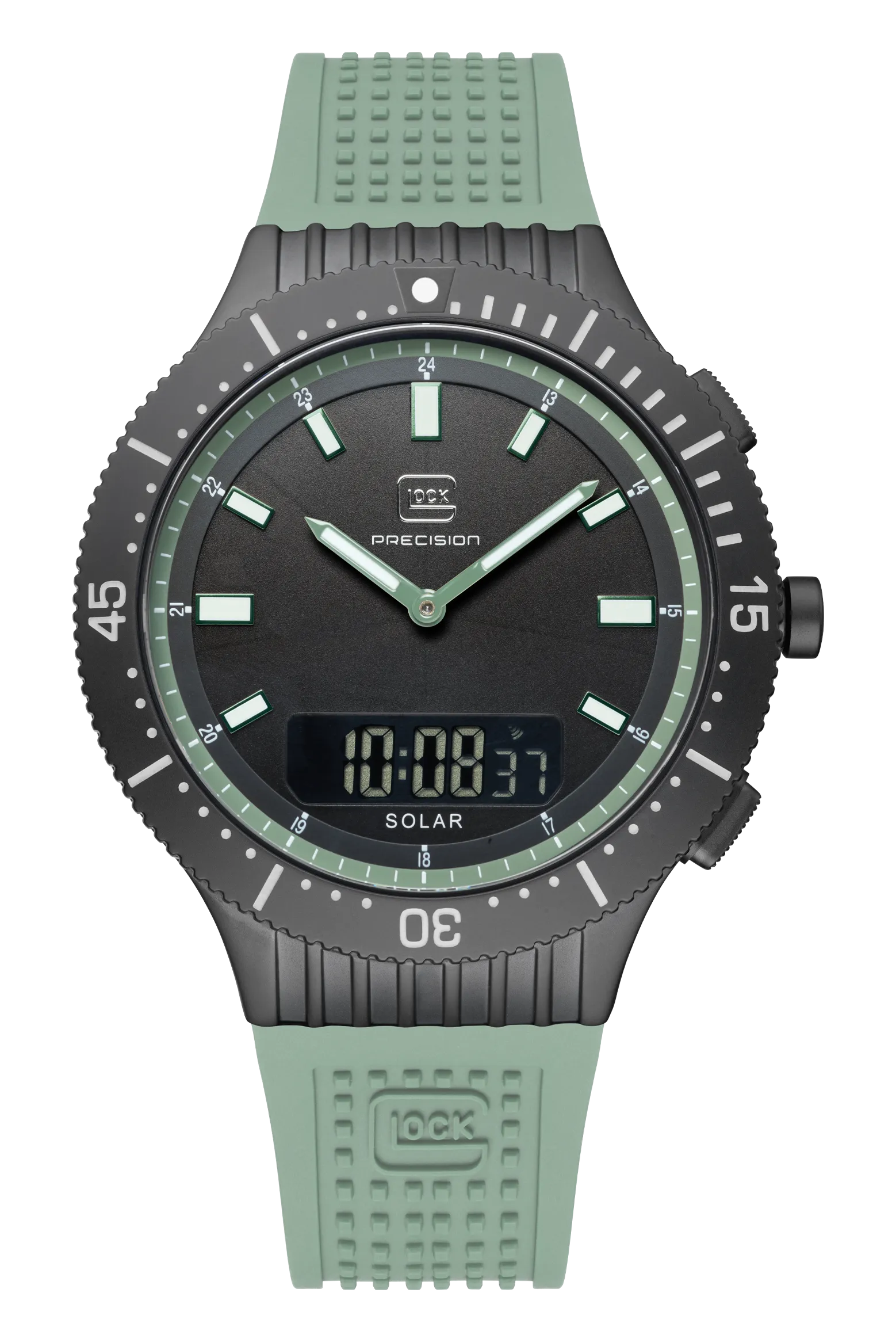 Gents Black Steel Glock Watch with Dual Digital/Analog Black and Green Dial