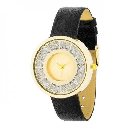 Gold Black Leather Watch With Crystals (pack of 1 ea)