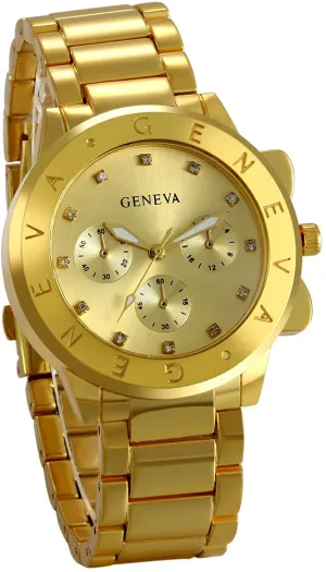 JewelryWe Mens Gold Tone Watch Stainless Steel Round 3 Eyes Quartz Watch, for Valentine’s Day