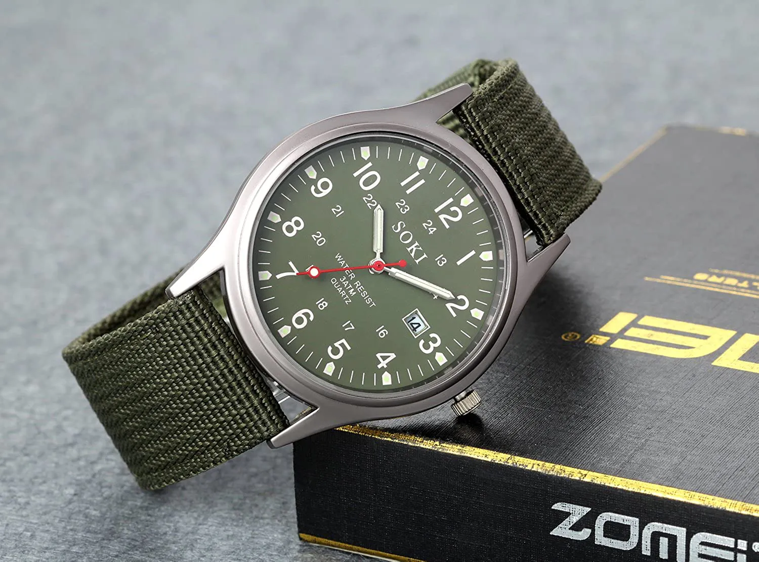 Lancardo Analog Quartz Watch with Woven Nylon Band Calendar Luminous Hand Military Time 24H (Army Green)