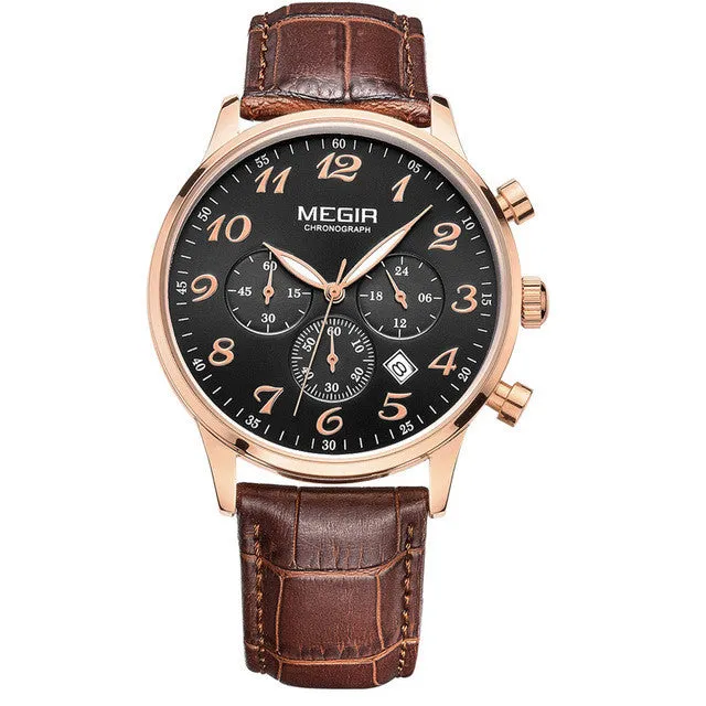 MEGIR New Chronograph 24 Hours Men Watch Leather Strap Business Casual Watch Quartz Watch Men Wristwatch