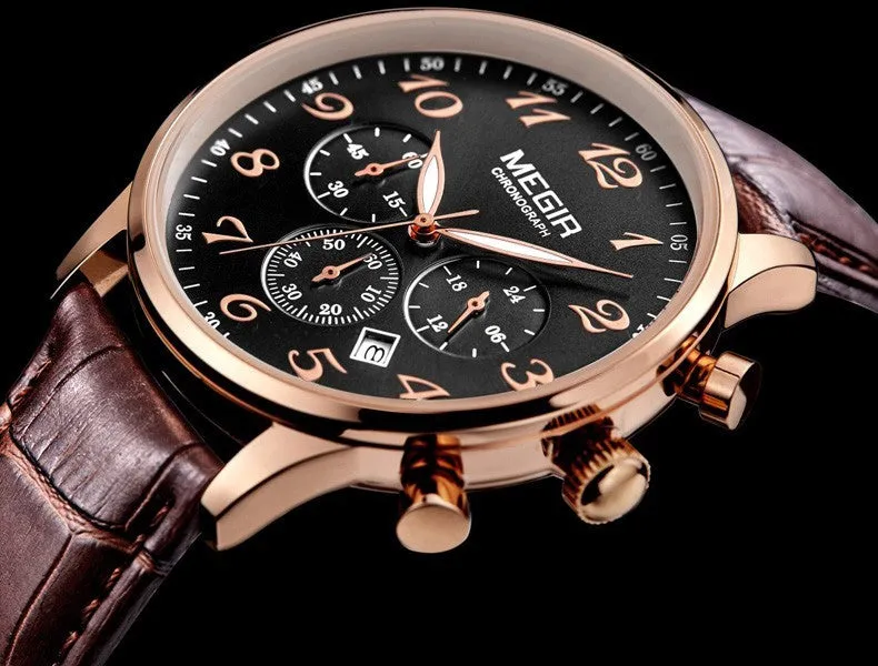 MEGIR New Chronograph 24 Hours Men Watch Leather Strap Business Casual Watch Quartz Watch Men Wristwatch