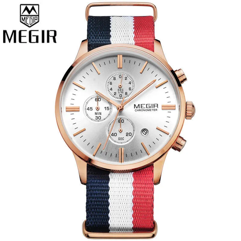 MEGIR Sports Watch Chronograph 24 Hours Men Fashion Casual Clock Blue Red Nylon Band Sport Watch Men Wristwatch