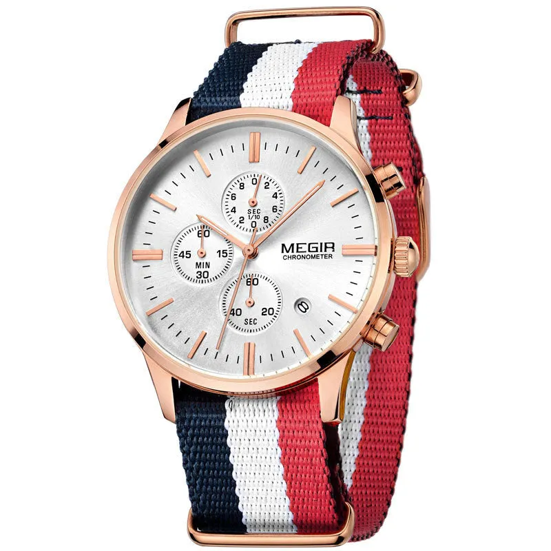 MEGIR Sports Watch Chronograph 24 Hours Men Fashion Casual Clock Blue Red Nylon Band Sport Watch Men Wristwatch