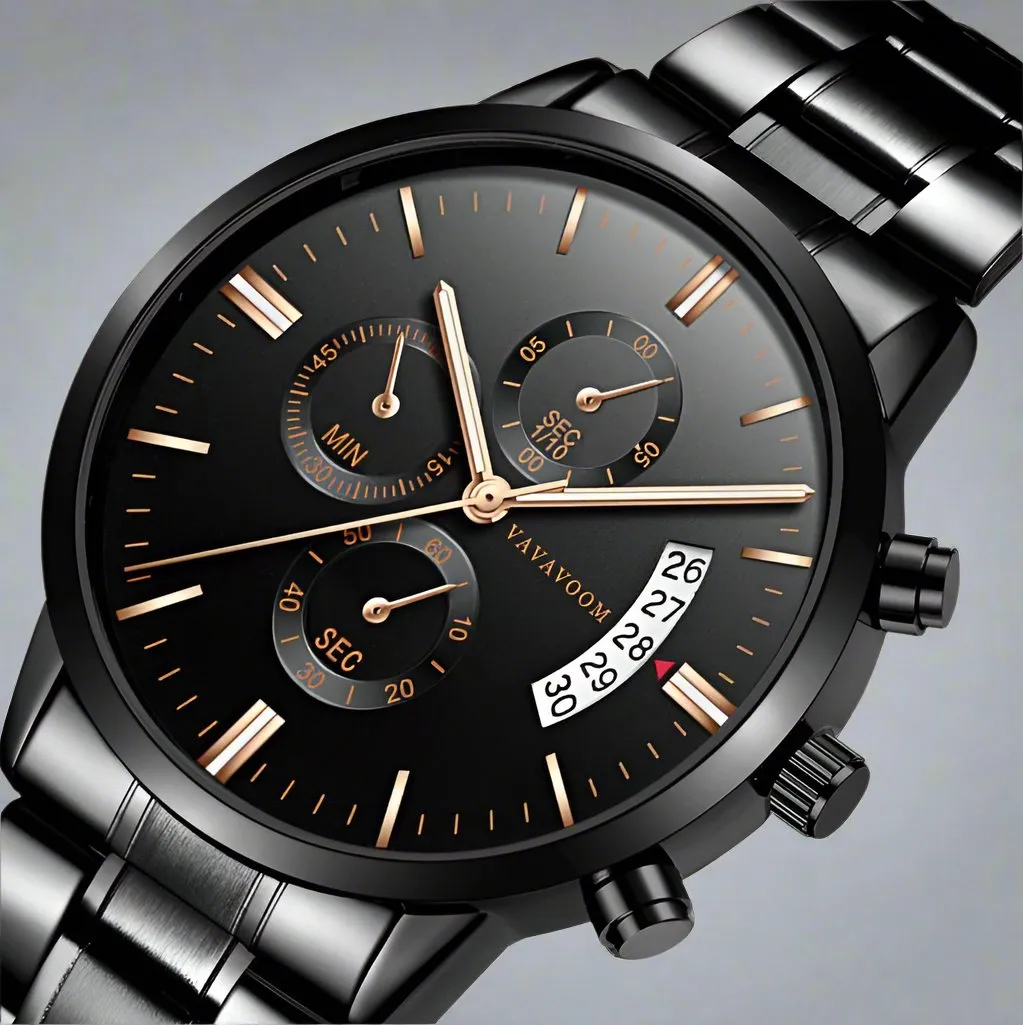 Men''s Stainless Steel Watches with Business Leisure Calendar Quartz Watches Waterproof Black Refined Steel Watches