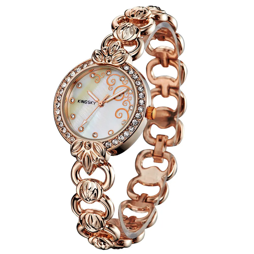 New Women Fashion Casual Watch Rose Gold Crystal Full Stainless Steel Bracelet Analog Display Luxury Women Rhinestone Watches