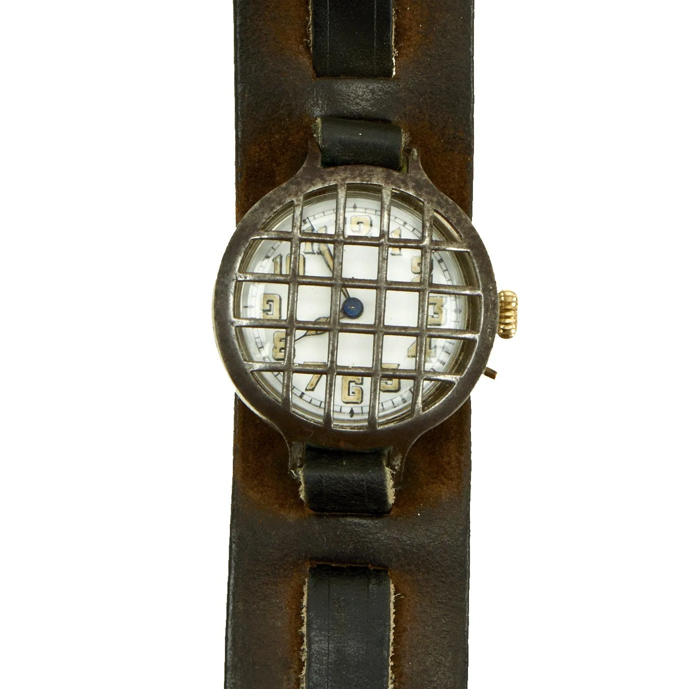 Original WWI Officer's Trench Wrist Watch with Steel Dial Shrapnel Guard circa 1915 - Fully Functional