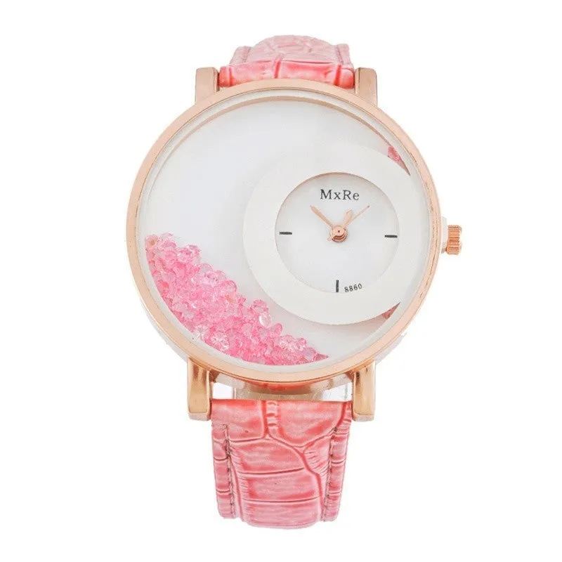 Retro Women Fashion Crystal Leather Wristwatch Sand Type Unique Design