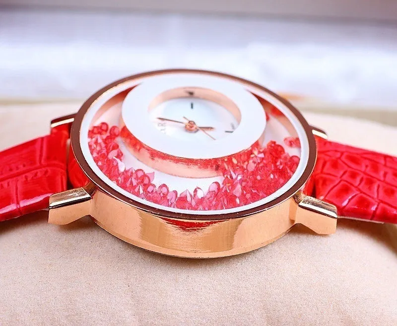 Retro Women Fashion Crystal Leather Wristwatch Sand Type Unique Design