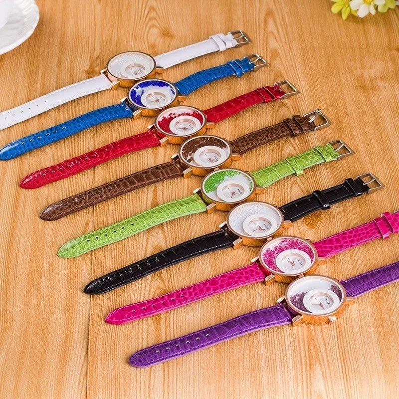 Retro Women Fashion Crystal Leather Wristwatch Sand Type Unique Design