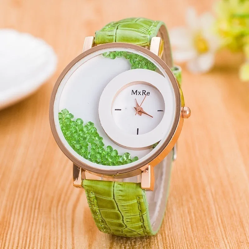 Retro Women Fashion Crystal Leather Wristwatch Sand Type Unique Design