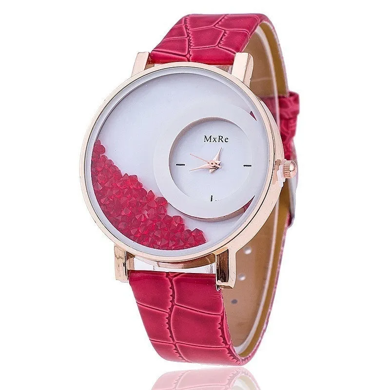 Retro Women Fashion Crystal Leather Wristwatch Sand Type Unique Design