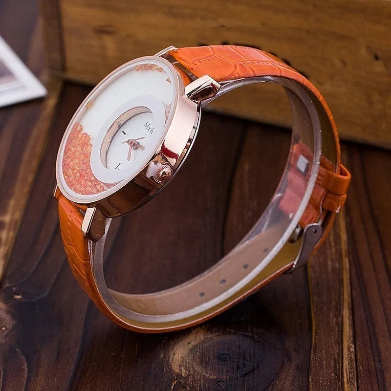 Retro Women Fashion Crystal Leather Wristwatch Sand Type Unique Design