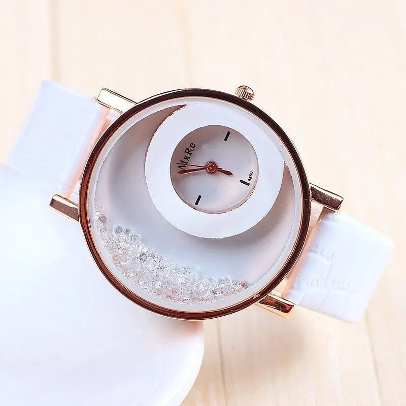 Retro Women Fashion Crystal Leather Wristwatch Sand Type Unique Design