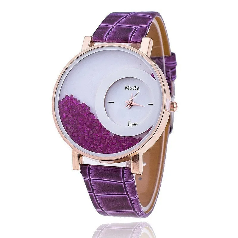 Retro Women Fashion Crystal Leather Wristwatch Sand Type Unique Design