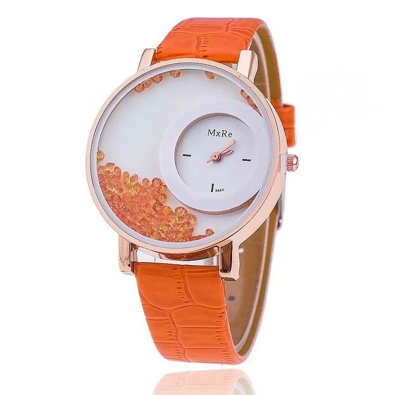 Retro Women Fashion Crystal Leather Wristwatch Sand Type Unique Design