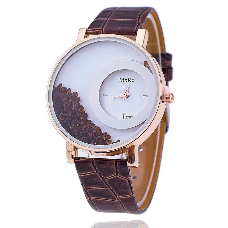 Retro Women Fashion Crystal Leather Wristwatch Sand Type Unique Design