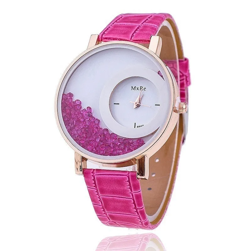 Retro Women Fashion Crystal Leather Wristwatch Sand Type Unique Design