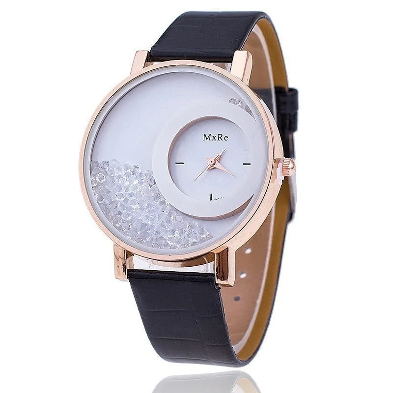 Retro Women Fashion Crystal Leather Wristwatch Sand Type Unique Design