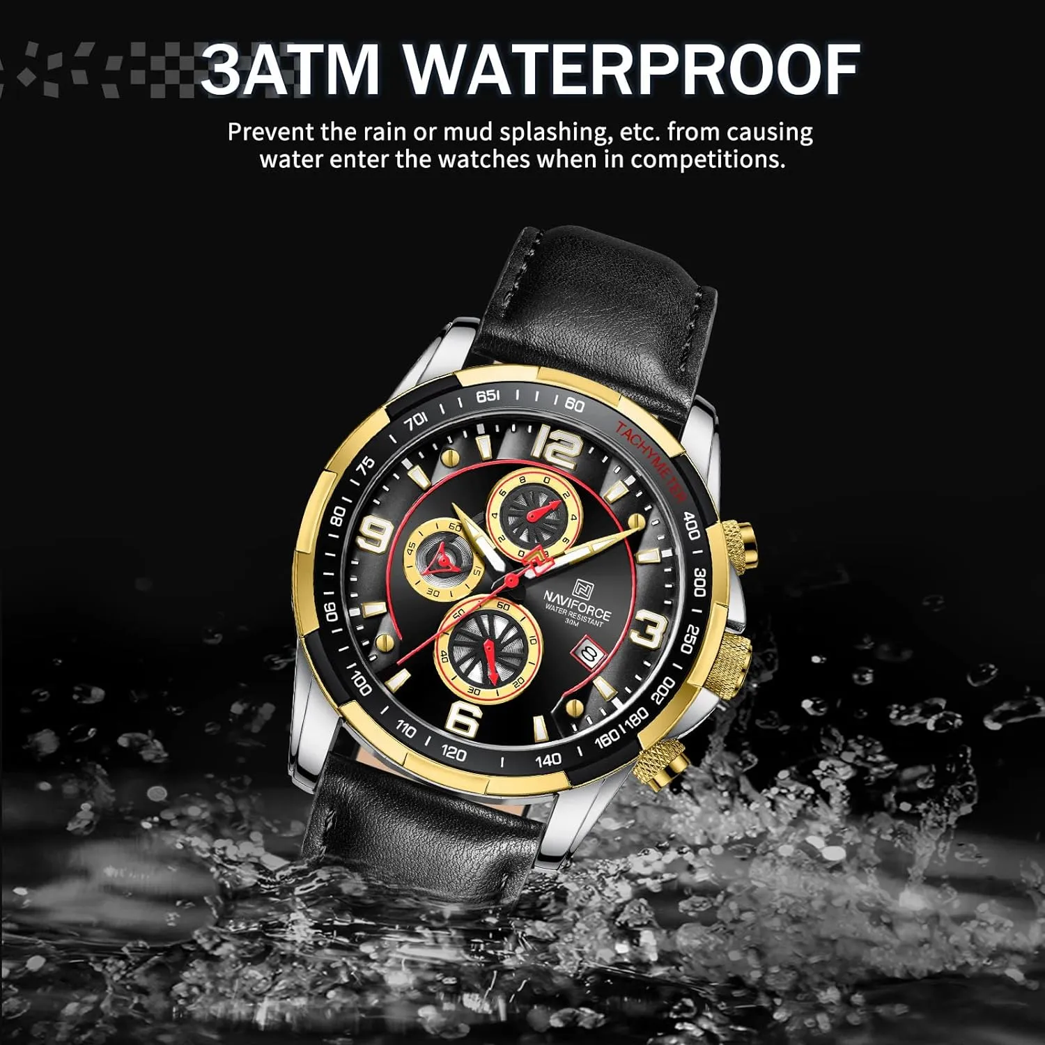 Sport Watches for Men Analog Quartz Chronograph Leather Strap Wrist Watch