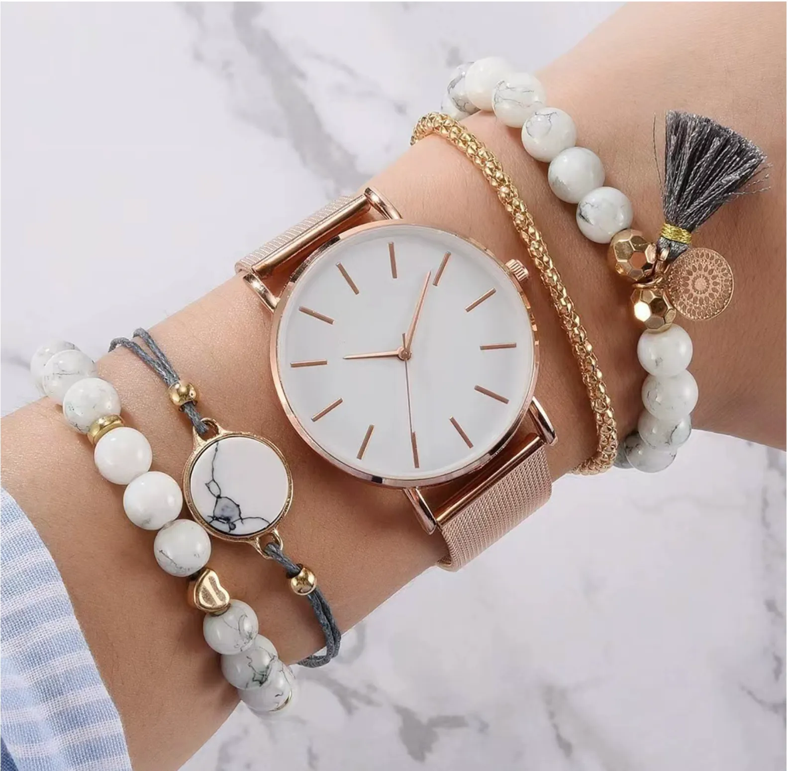 Stone Gold Plain Wrist Watch with Bracelet - Set of 5