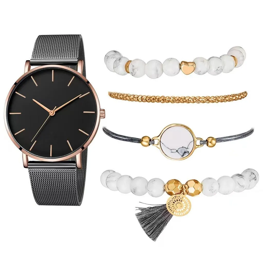 Stone Gold Plain Wrist Watch with Bracelet - Set of 5