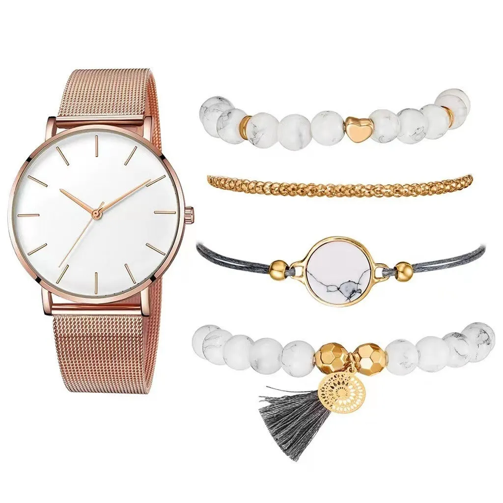 Stone Gold Plain Wrist Watch with Bracelet - Set of 5