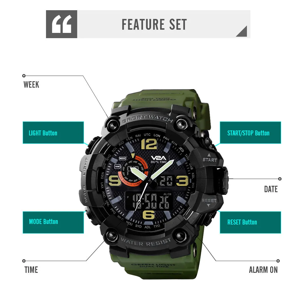 V2A Cammando Army Green Analog Digital Sport Watches for Men's and Boys