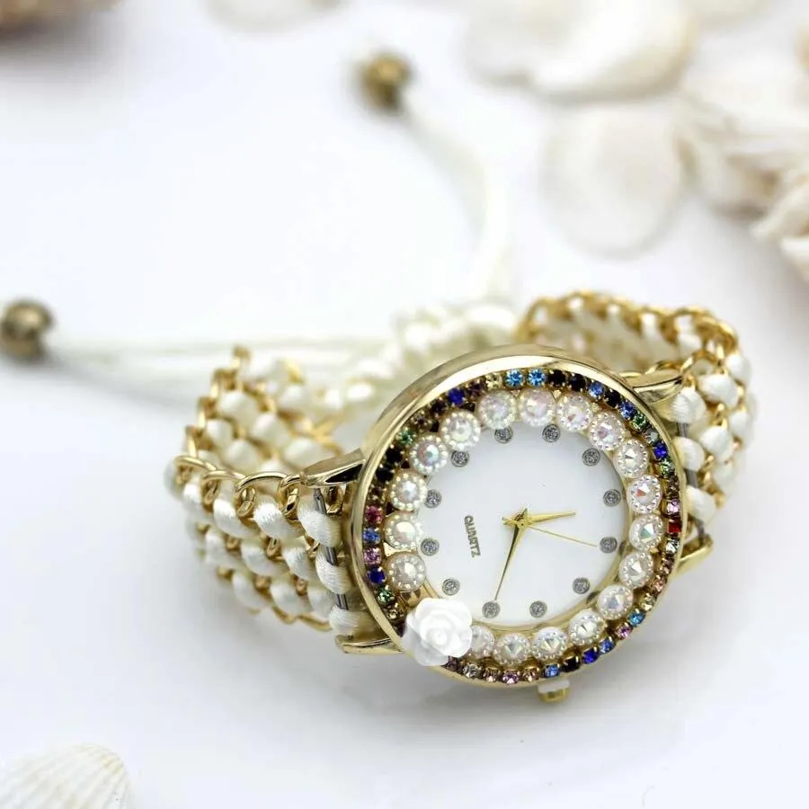 Women Hand-Knitted Fabric Rose Sparkly Rhinestone Wrist Watches