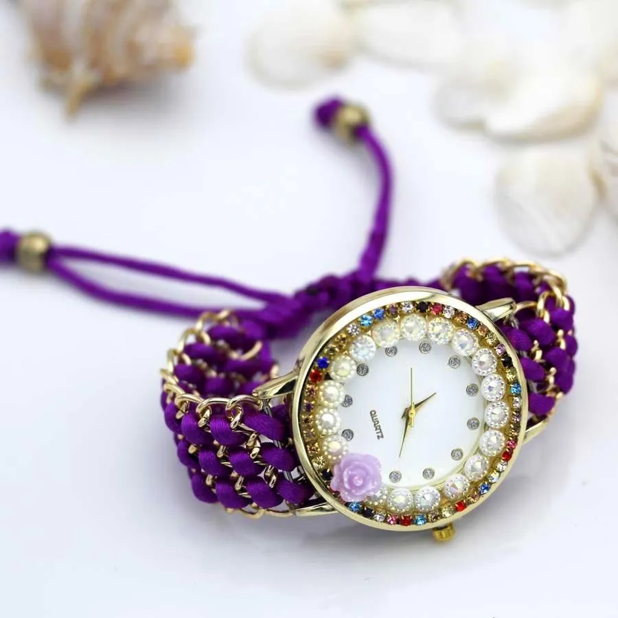 Women Hand-Knitted Fabric Rose Sparkly Rhinestone Wrist Watches