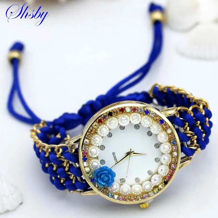 Women Hand-Knitted Fabric Rose Sparkly Rhinestone Wrist Watches